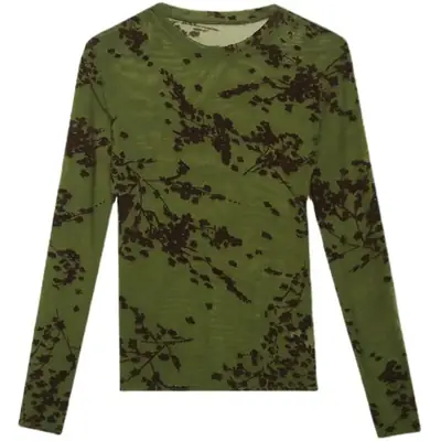 2022 Spring Long Sleeve Mesh Flocking Top Brown Beige