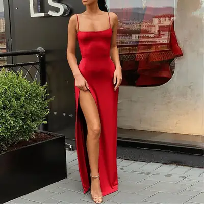 2021 Women's Blue Slim Fit Slit Strap Dress