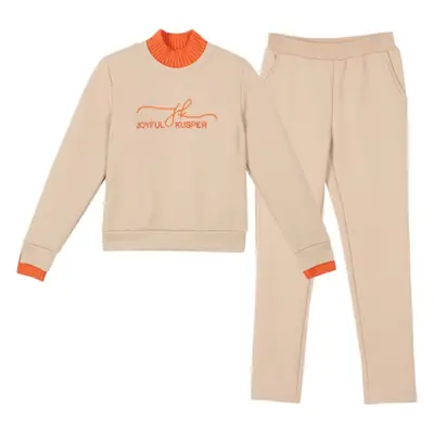 Women's Black Orange Sweatshirt Set with High Collar & Padded Design