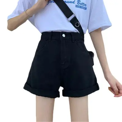 Women Roll-up Denim Shorts High Waist Casual Loose Summer 2022