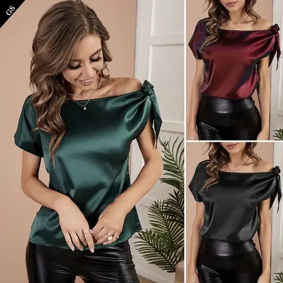 2022 Satin Lace-Up Asymmetrical Collar Top Green