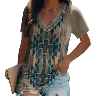 Women's 2022 V-Neck Printed T-Shirt Shorts Set