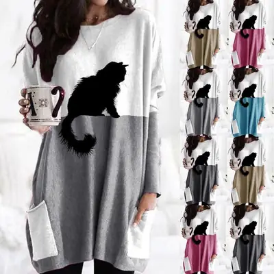 Women's Black Cat Print Round Neck T-Shirt Blue White