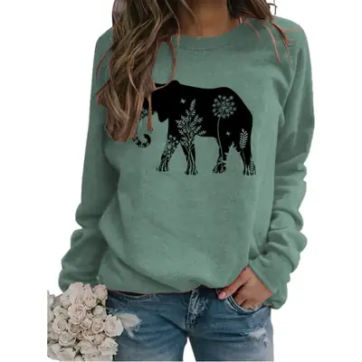 Women's Elephant Printed Long Sleeve Sweater Shirt