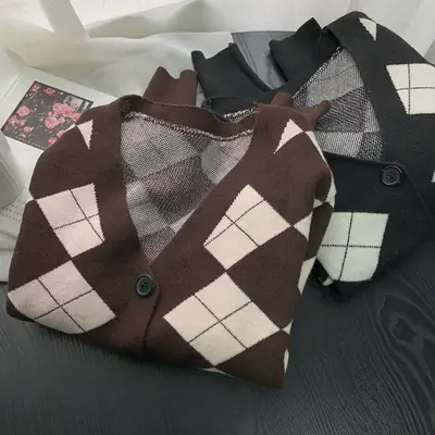 Retro Knitted Cardigan Women Brown V-Neck Slim Fit