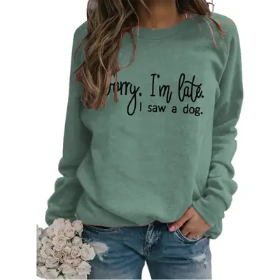 Ladies Long Sleeve Crewneck T-Shirt Blue Sorry I'm Late