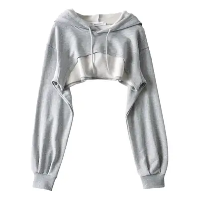 Women Grey Drawstring Hood Sweatshirt Crop Long Sleeve