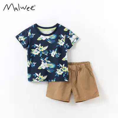 Boys Floral Short Sleeve Shorts Set Brown Cotton Summer Wear