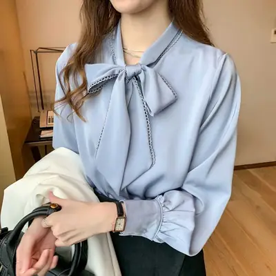 Women Satin Chiffon Bow Shirt Light Blue Loose Long Sleeve