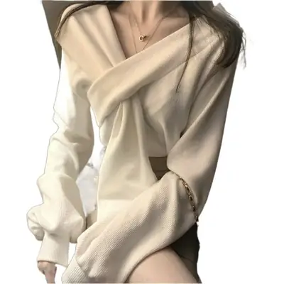 Women Long Sleeve V Neck Knit Top Set White