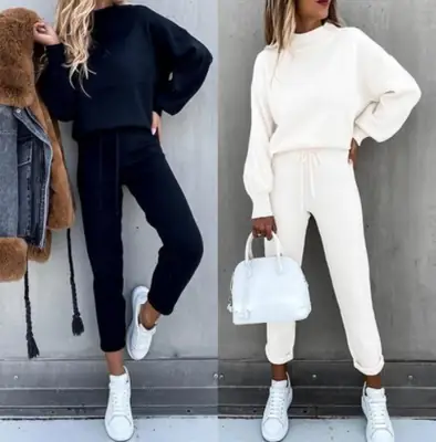 2021 Women's Turtleneck Sweatshirt Set White Pants