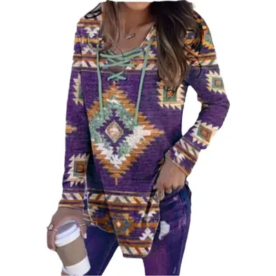 2022 V-Neck Printed Pullover Long Sleeve Women Purple