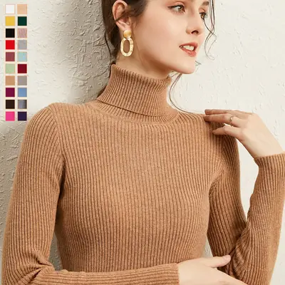 Women's 2021 Turtleneck Sweater Yellow Slim Fit