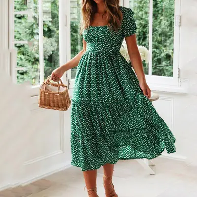 2024 Floral Puff Sleeve Dress Long Skirt Black