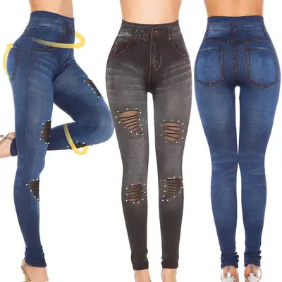 2021 Denim Printed Ankle Pants Women Pearl Hollow