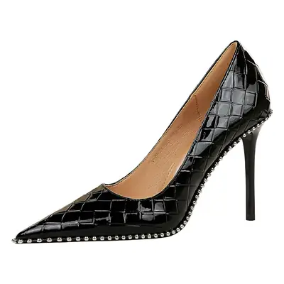 White Patent Leather Heels with Rhinestone Trim