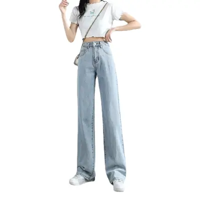 Women Adjustable Waist Slim Fit Jeans Light Blue