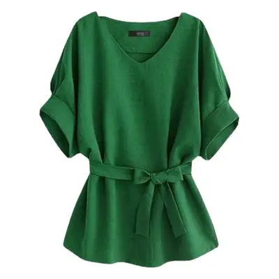 Elegant V Neck Linen Short Sleeve Shirt Large