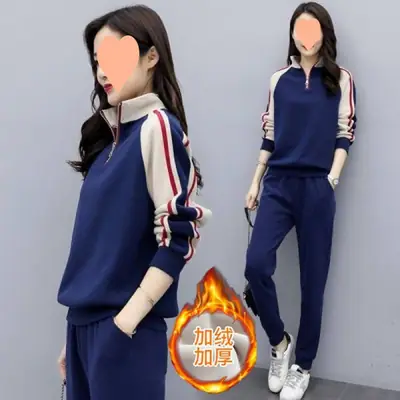 Women Velvet Padded Sports Suit Navy Blue Long Sleeve Winter