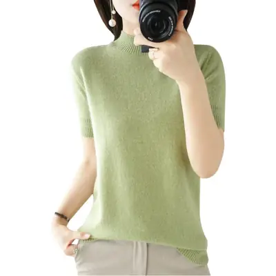 Women's Grey Knit Turtleneck Shirt Short Sleeve Loose Fit