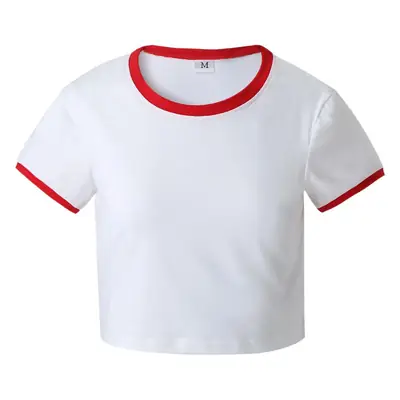 Women's White Navel-Baring T-Shirt with Red Trim
