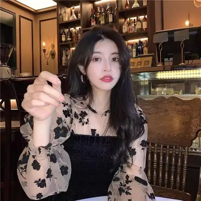 French Print Long Sleeve Top for Women 2025 Winter