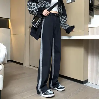 Women's Black Grey Stripe Wide Leg Straight Pants