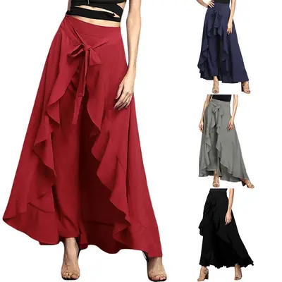 Women's Maroon Chiffon Wide Leg Pants High Waist