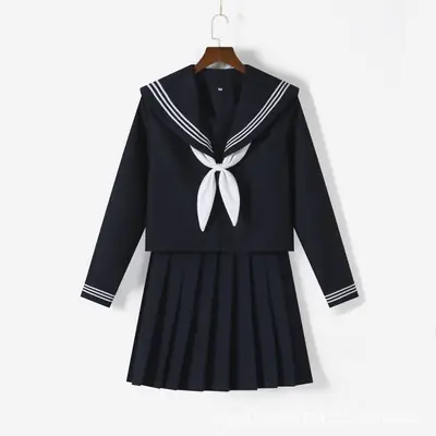 Japanese JK Uniform Navy Blue Sailor Skirt with White Bow