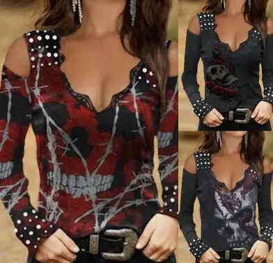 2023 Women's Skull Printed Long Sleeve V-Neck T-Shirt