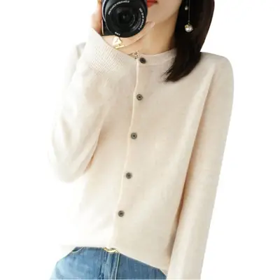 Women's Blue Knitted Cardigan Long Sleeve Round Neck