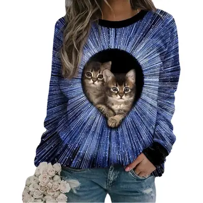 2023 Cat Printed Sweatshirt for Women Black Round Neck