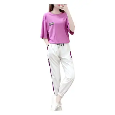Women 2Pc Sports Suit Purple White Loose Summer