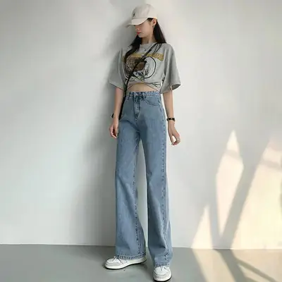 Women Light Blue Wide Leg Jeans Spring Summer Loose Slimming