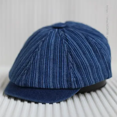 Men's Blue Striped Octagonal Cap Retro Japanese Fashion
