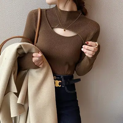 Women's Knitted Half Turtleneck Sweater Top Olive Green