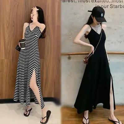 Korean Style Split V Neck Dress for Women