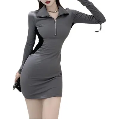 Women's Grey Polo Dress Long Sleeve Hip Skirt