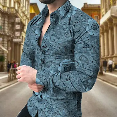 Men 3D Geometric Print Long Sleeve Shirt Black Gold