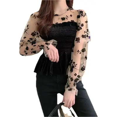 Goddess Style Lace Long Sleeve Velvet Blouse for Women