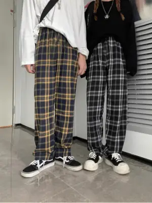 Women Plaid Wide Leg Pants Black White Autumn Winter