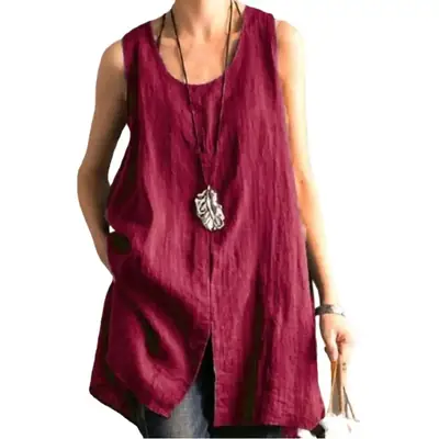 Men Cotton Linen Patchwork Vest Maroon Loose Fit
