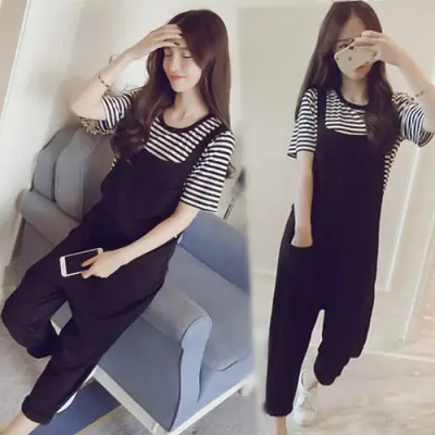 2025 Korean Style Women's Black Overalls Set