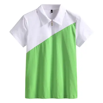Women's Green White Lapel Zipper T-Shirt Short Sleeve Cotton