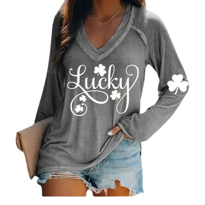 Lucky Four Leaf Clover Long Sleeve V-Neck T-Shirt Women Green