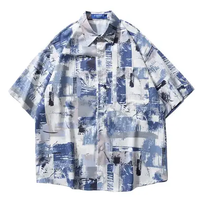 Men's 2022 Printed Short Sleeve Shirt Blue White Loose Fit Casual