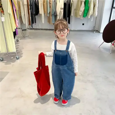 Kids Denim Strap Pants 2022 Spring Korean Style