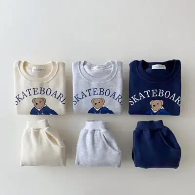 Kids Skateboard Bear Sweatshirt Set Gray Winter