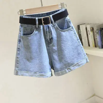 Summer Denim Shorts High Waist Curling Belt