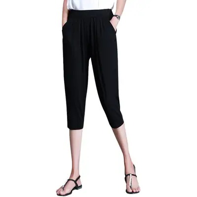 Women Black Elastic Capri Pants Summer Casual